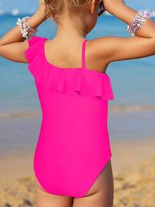 1 Piece New Spring Girls Cute Ruffle One Piece Swimsuit Magical Fantasy Print Quick Dry Breathable High Elastic Fabric Waterproof Soft Pool Beach Water Park Vacation Swimwear Birthday Holiday Gift - 玫紅色 - 查看 2