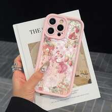 Strawberry & Flower Pattern Phone Case, Cute Phone Case, Decorative Phone Protector Cover Compatible With IPhone17 Pro Max Plus Air/ 11 12 13 14 15 Pro Max, Casing,Suitable For IPhone17 Air - 粉色 - 查看 1