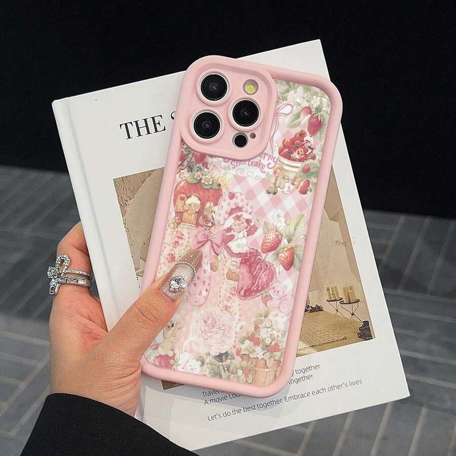 Strawberry & Flower Pattern Phone Case, Cute Phone Case, Decorative Phone Protector Cover Compatible With IPhone17 Pro Max Plus Air/ 11 12 13 14 15 Pro Max, Casing,Suitable For IPhone17 Air - 粉色 - 查看 1
