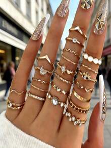 23Pcs Women's Rose Gold Tone Stackable Rings Set - Star Moon Evil Eye Crystal Wave Chain Oval Stone Fashion Finger Jewelry For Daily & Party Wear - Multicolor - View 5