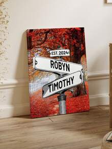 1pc Customized Canvas Wall Art - Romantic Intersection Street Sign & Autumn Tree Pattern - Anniversary, Couple Themed Decor Painting - Perfect Gift For Her - Pine Wood Frame, Indoor Use, Wedding Canvas Art | Love Theme Artwork | Canvas Print - Multicolor - View 10