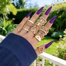 13pcs/Set Vintage Fashionable Multi-Element & Multi-Style Rhinestone Decorated Women's Ring Set, Suitable For Daily Wear, Music Festivals, Beach Trips - Gold - View 9