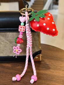 1pc Handmade Strawberry Heart Leather Keychain Pendant, Pink Woven Lanyard For Girls Bag Charm - Multicolor - View 4