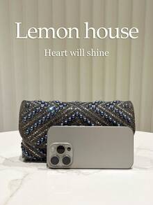 1 chiếc ví cầm tay nhỏ màu xám lấp lấp lánh đính đá, kiểu dáng thanh lịch với dây xích kim loại, túi xách thời trang cho tiệc tối, đám cưới, dạ hội, quà tặng cho phụ nữ. - Xám - Xem 5