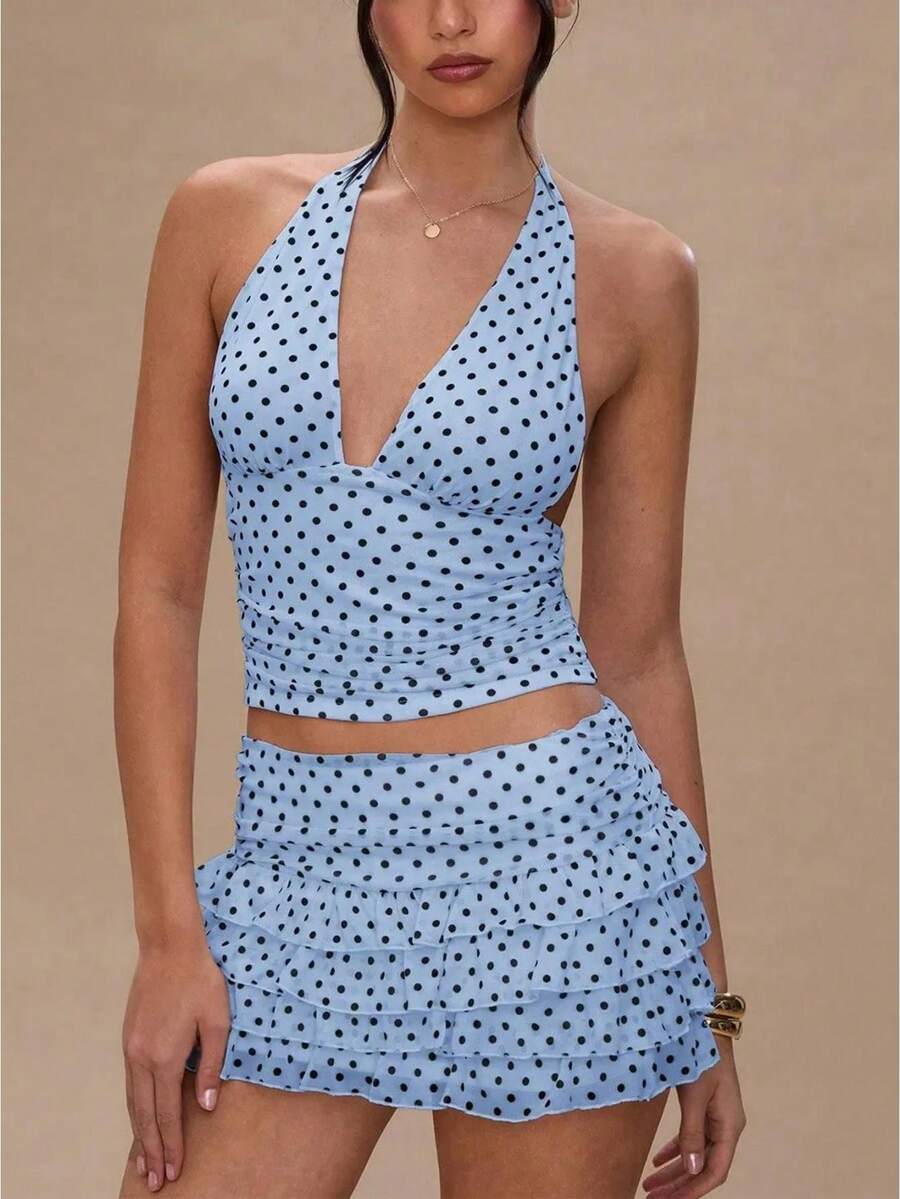 Women Polka Dot 2 Piece Skirt Outfits Sets Halter V-Neck Backless Top Ruffle Layered Mini Skirt Summer Y2k Outfits - 藍色 - 查看 1