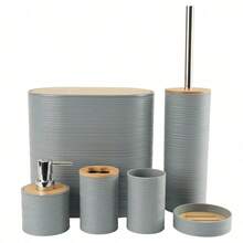 4-Piece Bamboo Bathroom Accessory Set, Includes Soap Dispenser, Toothbrush Holder, Toothbrush Cup, Soap Dish, Suitable For Countertop Decor, Birthday, Holiday, Housewarming, Christmas Gift (Gray, Black, Beige, White) - Multicolor - View 5