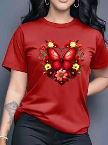 Women's T-Shirt, Elegant Style With Purple Butterfly Flower Cluster And Heart Print, Fresh And Eye-Catching, Suitable For Daily Wear, Loose Fit That Suits Various Body Types, Comfortable And Versatile Fabric. - màu xanh nhạt - Xem 9