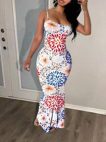 LovelyWholesale 女士优雅派对混色印花修身无袖及踝连衣裙，夏季度假装 - 彩色 - 查看 1