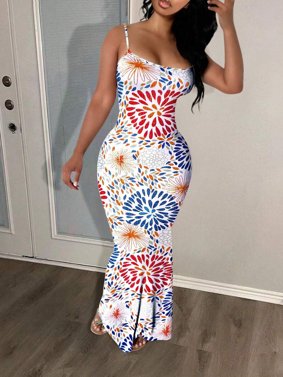 LovelyWholesale 女士优雅派对混色印花修身无袖及踝连衣裙，夏季度假装 - 彩色 - 查看 1