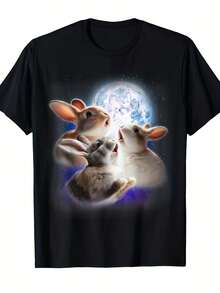 Camiseta gráfica divertida para hombres con 3 conejos aullando a la luna - Impresión retro con cielo nocturno brillante y estrellas, camiseta cómoda de manga corta y cuello redondo para amantes de los conejos, atuendo casual y eventos temáticos, ropa para adultos de todas las estaciones - Multicolor - Ver 8