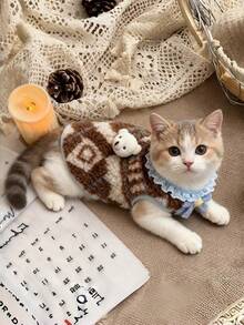 Cute Plush Dog Cat Vest Jacket With 3D Bear And Bow Tie - Pet Apparel, Suitable For Medium Small Dogs Cats, Soft And Warm Pet Clothing