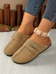 女士新款仿麂皮平底厚底拖鞋，卡其色复古时尚金属扣装饰露趾无后跟增高乐福鞋，防滑舒适四季皆宜的拖鞋