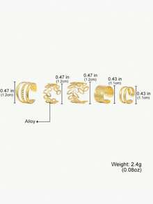 5 Pieces/Set Personalized Geometric Ear Cuffs, No Ear Piercings, C-Shaped Hollow Leaf Earrings, Elegant And Sexy Earrings, Fashionable Ear Clips, Mixed Metal Leaf And Branch Design, Textured Matte Finish, Multi-Cuff Earrings, Versatile Jewelry For Women, Suitable For Women's Daily Wear - 金色 - 查看 3