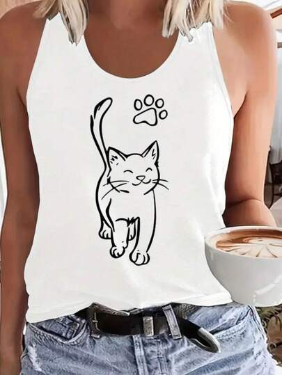 Camiseta Regata Feminina  Estampada Modelo: "Gatinho Pet" Moda T-shirt Feminina com Estampa Camiseta Casual De Manga Cavada Promoção Blusinha Feminina, Conforto Moda Verão