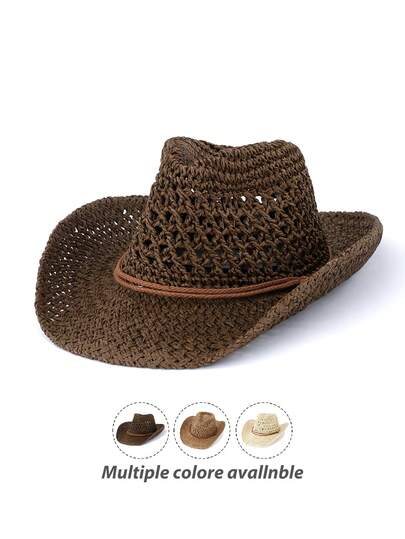 1pc Vintage Hollow Brim Wide Brim Straw Hat, Unisex Outdoor Travel Beach Sun Hat, Handwoven Breathable Western Cowboy Panama Hat, Spring/Summer