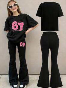 Teen Girl Numeric Print Short Sleeve T-Shirt And Skinny Flared Pants - Black - View 2