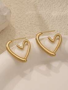 1 par de pendientes con forma de corazón hueco, pendientes geométricos elegantes y minimalistas para mujeres - Dorado - Ver 4