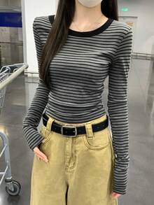 女士修身条纹优雅长袖打底衫上衣，休闲春季款 - 灰色 - 查看 5