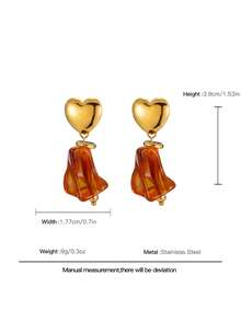 1 Pair 18K Gold Plated 316L Stainless Steel Heart Top With Brown Amber Resin Irregular Drop Dangling Earrings For Women, Old Money Style, Anti - Fade Hypoallergenic Fashion Jewelry Gift - Gold - View 6