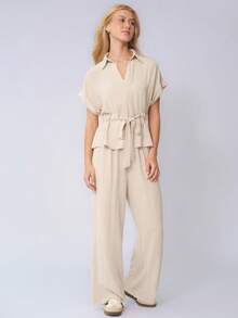 KATCH ME Women's Versatile Collared Rolled-Up Short Sleeve Top & Wide Leg Trousers Co-Ord, Soft Womenswear For Spring & Summer - Beige - View 5