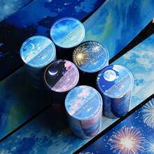 Conjunto Etori Life Night Island Starry Sky (1 unidade) - Fita adesiva para diário com estampa de céu estrelado, fogos de artifício e degradê em tons de azul e roxo, ideal para decorar cadernos, laptops, capas de celular, álbuns de fotos e projetos de scrapbooking. - Multicolorido - Ver 1