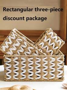 Handwoven Storage Basket, Multipurpose Desktop Organizer Box, Living Room Storage Bin, Can Store Snacks, Toys, Keys And Small Items, Bohemian Geometric Woven Basket, Wooden Rattan Planter Stand, Mixed Natural Rope Decor, Creates A Coastal Ambiance. - Rectangle - View 8