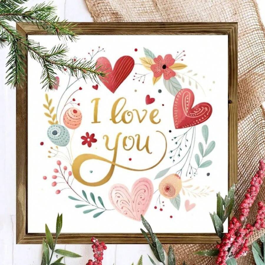 2D Flat Prints 1pc Wood Frame Wooden I Love You, Heart-Shaped Floral Decoration, Hand-Drawn Illustration Style, Wall Art 8x8in Prints Print Painting Living Room Bedroom Office Bathroom Dorm Home Decor Valentine's Day Gifts - A - 查看 1