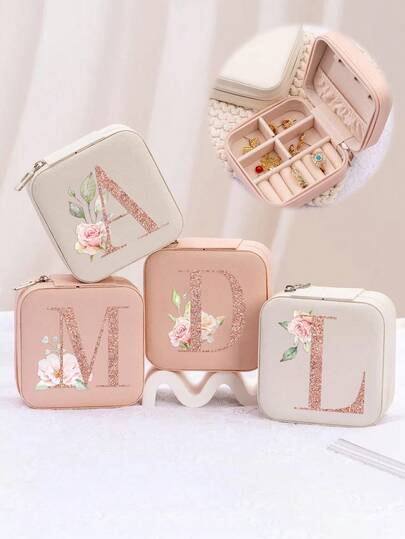 1pc Floral Pattern & Vibrant Color Jewelry Box, Ideal Gift For Birthday And Holidays. This Pink Alphabet Jewelry Box Is Available From A To Z. 1pc Portable Mini Travel Storage Box, Suitable For Storing Necklaces, Earrings And Jewelry Box - Perfect Gift For Ladies, Especially For Valentine's Day