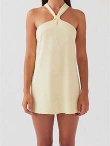 Women's Cream Yellow Halter Neck Mini Dress - Knotted Neck Detail Sleeveless Lightweight Fabric Feminine Stylish Casual Summer Date Wear(S-L) - 黃色 - 查看 1