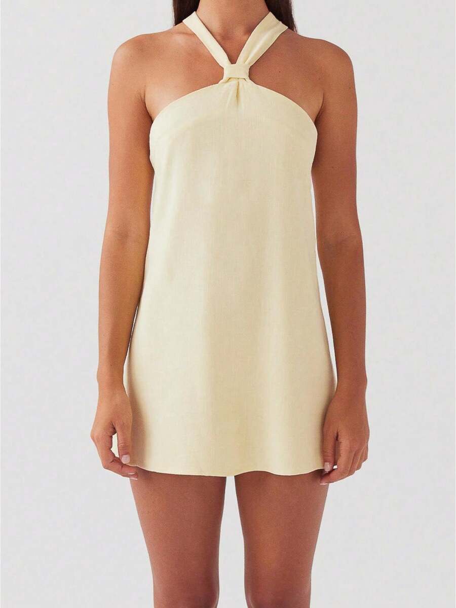 Women's Cream Yellow Halter Neck Mini Dress - Knotted Neck Detail Sleeveless Lightweight Fabric Feminine Stylish Casual Summer Date Wear(S-L) - 黃色 - 查看 1
