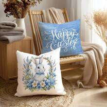 4pcs Spring Easter Minimalist Blue Floral Cute Rabbit & Egg Pillow Cover Set, Single-Sided Printed Peach Velvet Polyester Material, 45*45CM Cushion Cover For Modern Fabric Sofa Indoor Decor, Party Decoration, Gift - Multicolor - View 5