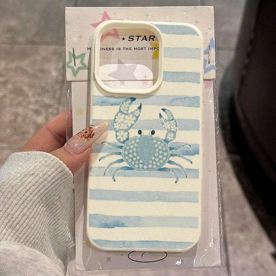1pc TPU Material Refreshing Striped Handpainted Cute Blue Crab Pattern Phone Case Compatible With IPhone 17 Pro Max/17/16 Pro Max/15/13/12/11, S20 FE/A15/S24/A55, Compatible With Redmi Note 11/Note 12/Note 13 Pro, Full Coverage Anti-Drop Soft Protective Phone Case - White - View 1