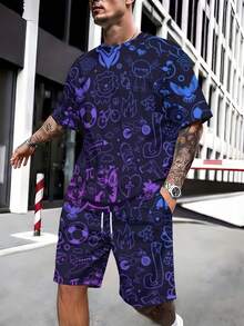 Two-Piece Men's Casual Party Set In Summer, Featuring A Purple Background And Fun Graphic Pattern, Made Of Knitted Fabric, Short-Sleeved Shirt And Beach Shorts. - 彩色 - 查看 3