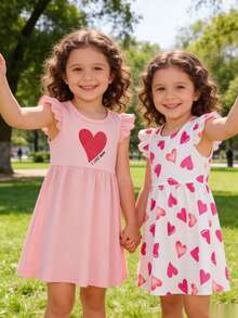 2pcs Baby Girl Clothes Set, Pink Heart Print Sleeveless Dress & Apricot All-Over Heart Print Dress, Spring/Summer - Multicolor - View 1