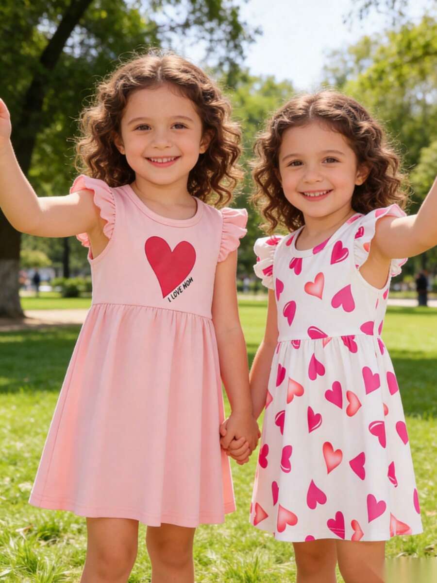 2pcs Baby Girl Clothes Set, Pink Heart Print Sleeveless Dress & Apricot All-Over Heart Print Dress, Spring/Summer - Multicolor - View 1