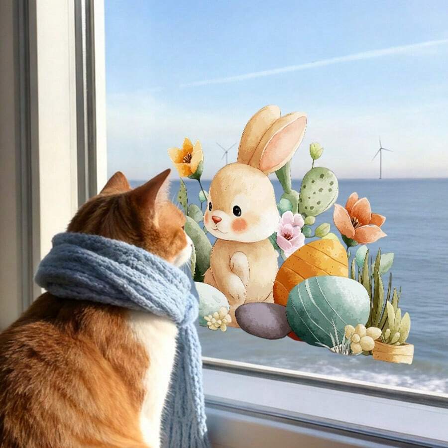 兔子复活节彩蛋花朵图案贴纸，采用高透明薄膜印刷，色彩柔和优雅。适用于窗户、墙壁、不规则形状的墙面，是家居装饰的理想之选。 - 彩色 - 查看 1