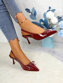 1 Pair Elegant Fashion Classic Style New Burgundy Glossy High Heel Pumps, Stylish For Formal Events And Everyday Wear, Comfortable Versatile Sparkling Red Pointed Toe Slingback Heels With Bow Accent, 1 Pair Women's Backless Bowknot Sandals - Burgundy - View 2