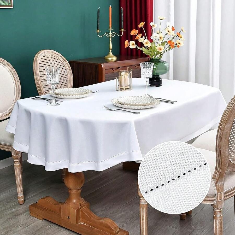 Farmhouse Oval Hemstitch Border Tablecloth Neutral Faux Linen Table Cloth Rustic Table Cover For Dining Kitchen Party Holiday Home (White, 52x70 Inch) - 亮白 - 查看 1