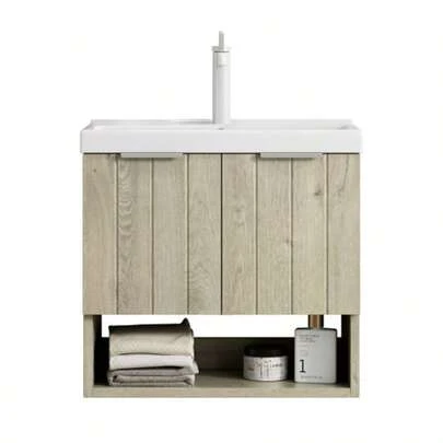 KAIRO 42cm Wall-Mounted Bathroom Vanity Unit With White Rectangular Ceramic Sink, Striped Cabinet With Double Doors And Open Shelf, Oak Cream Wood Grain Color