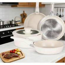 Juego de 5 Ollas y Sartenes Antiadherentes de Inducción, Batería de Cocina con Mango Desmontable, Juego de Utensilios de Cocina de Inducción de Color Blanco, con Sartenes y Cacerolas - 1 - Ver 2
