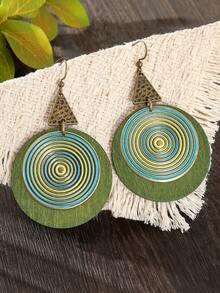 TopHanqi 1 par de pendientes redondos de madera vintage personalizados con estampado de patrón espiral, pendientes de estilo bohemio para mujeres, adecuados para uso diario, viajes, fiestas y todas las estaciones