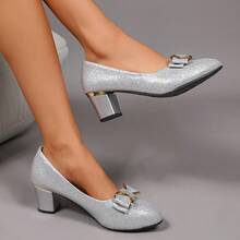 Geeyea Women's Sandals, Women's Classic Slip-On High Heels, Metal Bow Design, Artificial Leather Glossy Leather Surface, Comfortable Foot Feel, Suitable For Daily Travel And Various Work Occasions, Local Warehouse - 銀色 - 查看 3
