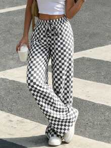 Plus Size Women's Fashionable Contrasting Checkerboard Pattern Print, Loose Casual Sports Straight Leg Pants , Spring/Summer Street Pants - Dark Grey - View 3