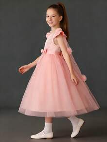 女童公主薄纱连衣裙，特殊场合派对礼服长款雪纺披肩领连衣裙，粉色无袖薄纱公主裙 - 粉色 - 查看 3