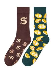 1-Pair Unisex Money-Themed Crew Socks - Brown Dollar Sign & Dark Green Coin Patterns, Fashionable Unisex Design, Fun Novelty Socks With Comfort & Elasticity, Suitable For Daily Wear/Office/Casual Occasions, Ideal Gift For All Seasons & Festivals - Multicolor - View 7