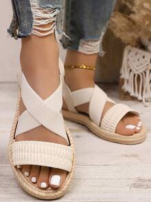 女士春秋新款罗马单层软底弹力面料交叉透气休闲舒适圆头平底凉鞋 - 白色 - 查看 4