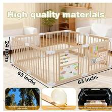 Foldable 63"X63"X24" Wooden Playpen For Babies Boys & Girls, Natural Wood Sturdy & Safety Baby Playard W/ Adjustable Size & Shape For Infant & Toddles, Portable Kids Play Yard Fence Play Pen Includes 2 Game Boards, 10+ Toy Set, Suitable For Indoor Use, Essential For New Moms,Baby Needs,Baby Gate,Newborn Gift - wood-63X63X24inchs - 查看 6