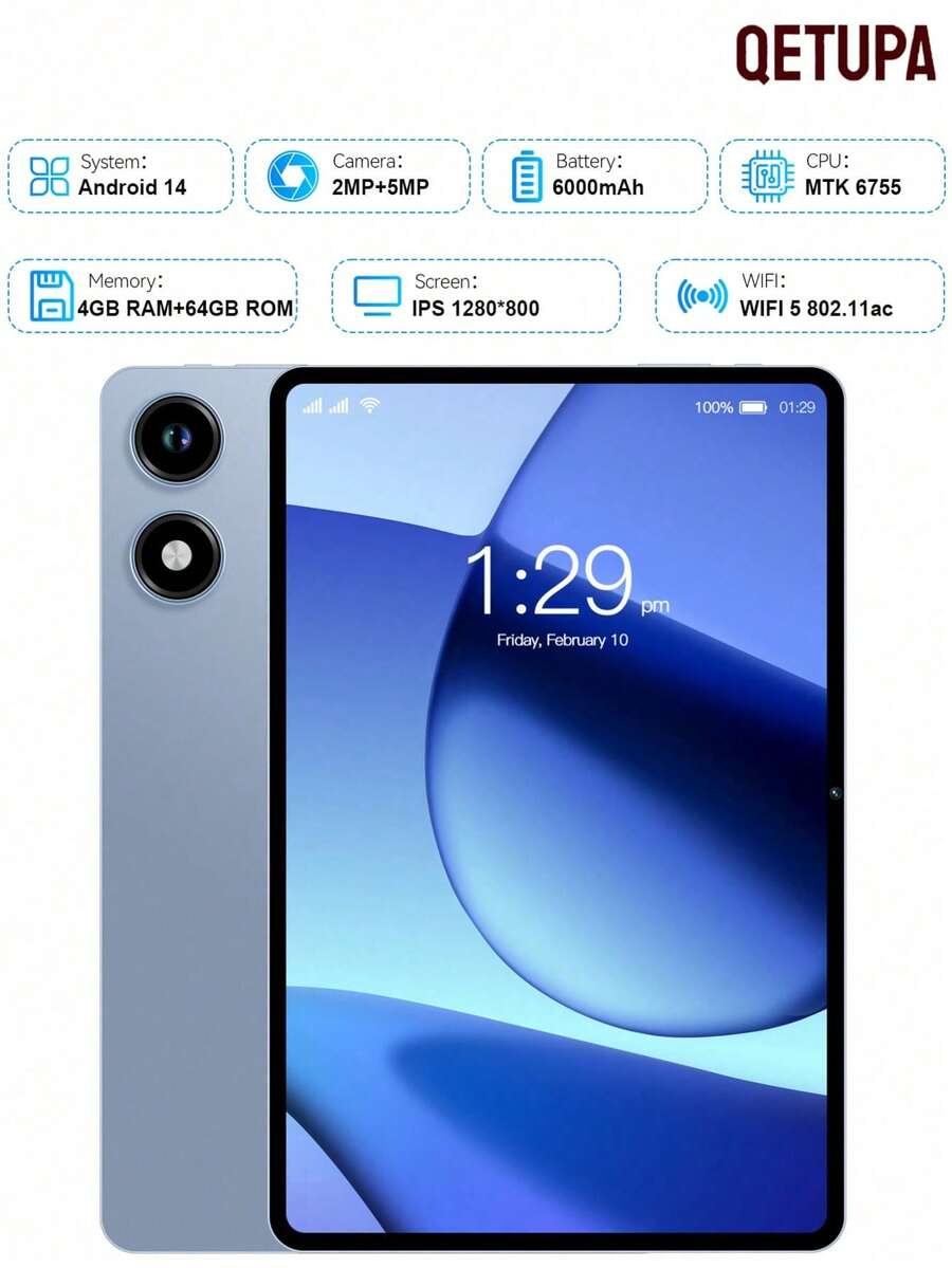 Qetupa 10.1英寸安卓14平板电脑，4GB RAM + 64GB ROM，MTK 6755四核1.3GHz处理器，高清(1280x800) IPS触摸屏，蓝牙5.2和802.11ac WiFi 5，GPS，2MP前置摄像头和5MP后置摄像头，6000mAh大容量电池，不支持SIM卡（S3-1） - 藍色 - 查看 1