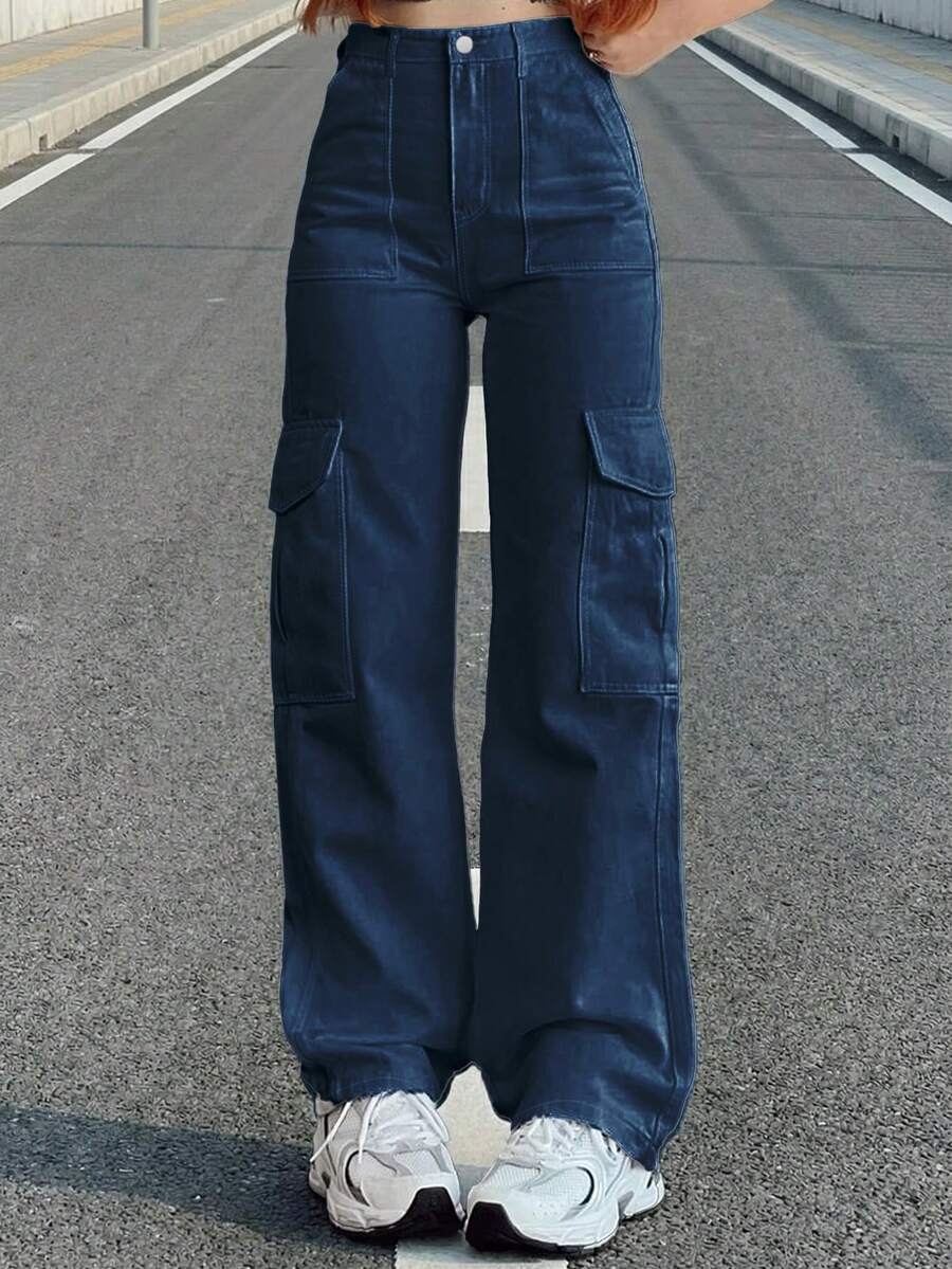 Y2K风格女式纯色直筒宽松休闲工装裤，春夏度假休闲裤，返校季长裤 - 深藍 - 查看 1