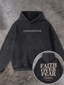 Men's Fashionable Autumn Washed Distressed Pocket Hoodie, Men's Vintage Washed Hooded Sweatshirt With Faith Over Fear Back Print - Y2K Streetwear Oversized Pullover, Pink & White Retro Lettering, Hip-Hop Campus Style, Loose Fit Casual Sweater For Men, All-Season Comfort, Machine Washable, Cordless Design With Front Pocket, Double-Sided Print, Relaxed Fit For Parties & Casual Attire, Sweatshirt For Men, Hoodie, Plus Size Hoodies For Men, Hoodie Jacket For Men, Thick Hoodies For Men - Street Fashion Outerwear - 煙灰黑 - 查看 11